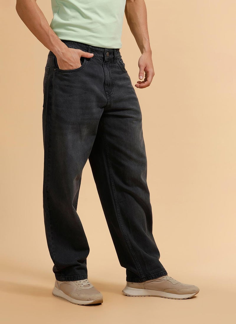 Wrogn Casual Light Fade Loose Fit Jeans | Dark Grey - Image 4